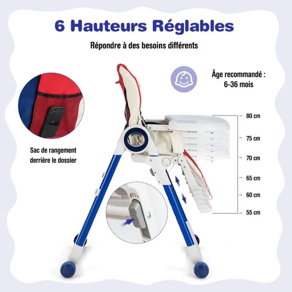 Chaise Haute pour Bébé avec 6 Hauteurs Réglables de 6 à 36 Mois Ceintures de Sécurité à 5 Points Coloré