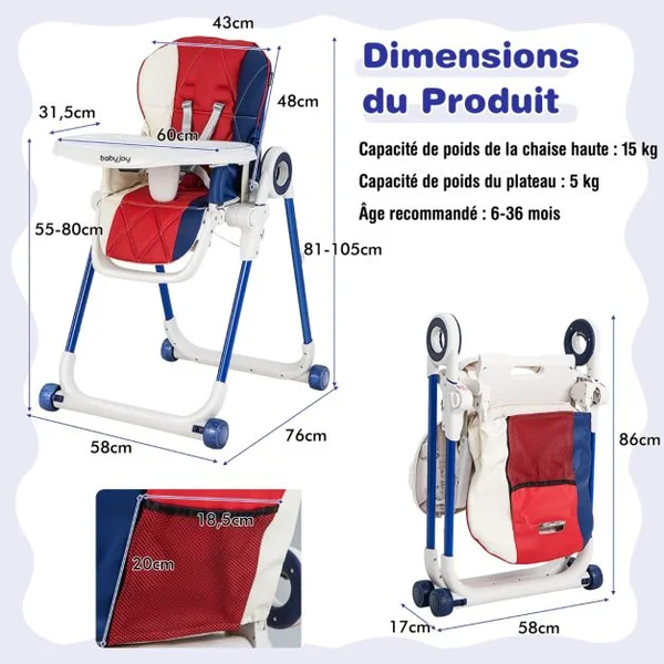 Chaise Haute pour Bébé avec 6 Hauteurs Réglables de 6 à 36 Mois Ceintures de Sécurité à 5 Points Coloré