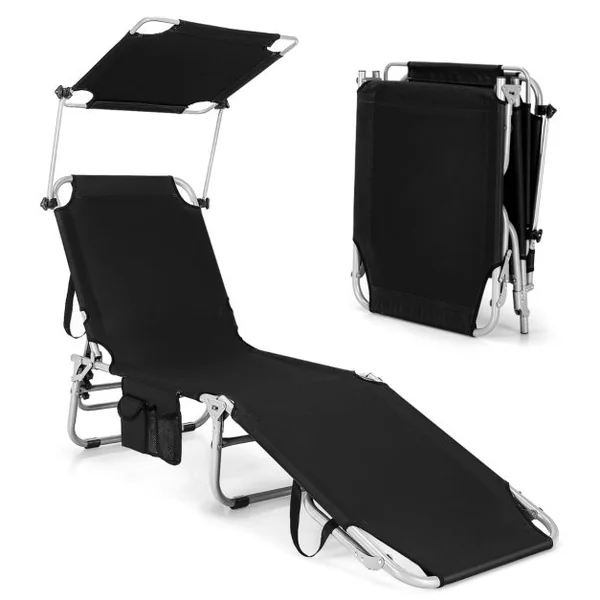 Chaise Longue Pliante Inclinable avec Auvent Rotatif à 360° Charge 150KG Bain de Soleil Réglable à 5 Positions Métal Antirouille Bleu