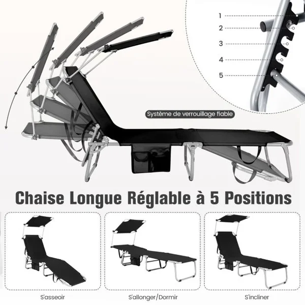 Chaise Longue Pliante Inclinable avec Auvent Rotatif à 360° Charge 150KG Bain de Soleil Réglable à 5 Positions Métal Antirouille Bleu