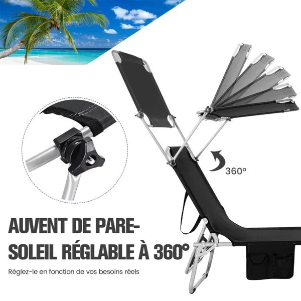 Chaise Longue Pliante Inclinable avec Auvent Rotatif à 360° Charge 150KG Bain de Soleil Réglable à 5 Positions Métal Antirouille Bleu
