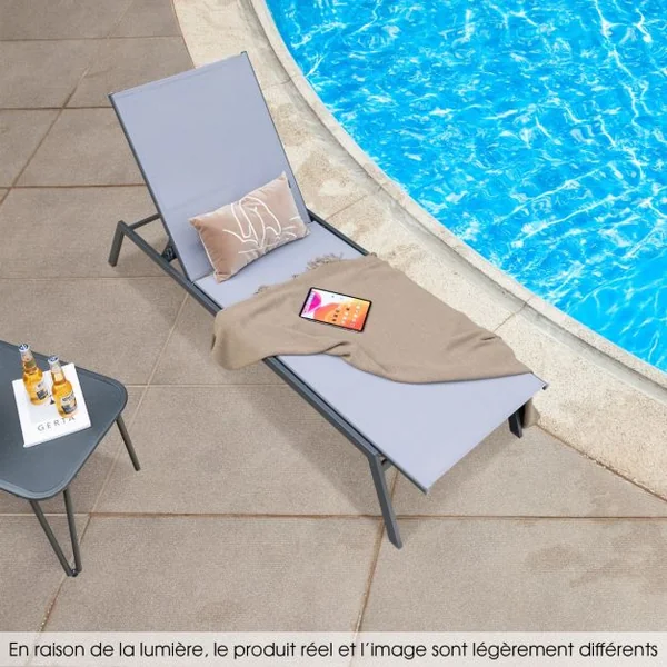 Chaise Longue Réglable d’Extérieur Fauteuil Inclinable à 6 Positions avec Position à Plat et Tissu à Séchage Rapide Bain de Soleil