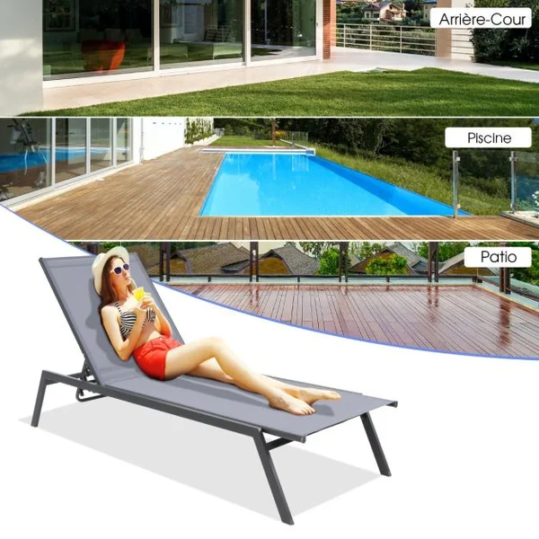 Chaise Longue Réglable d’Extérieur Fauteuil Inclinable à 6 Positions avec Position à Plat et Tissu à Séchage Rapide Bain de Soleil