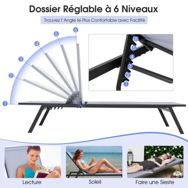 Chaise Longue Réglable d’Extérieur Fauteuil Inclinable à 6 Positions avec Position à Plat et Tissu à Séchage Rapide Bain de Soleil