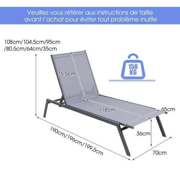 Chaise Longue Réglable d’Extérieur Fauteuil Inclinable à 6 Positions avec Position à Plat et Tissu à Séchage Rapide Bain de Soleil
