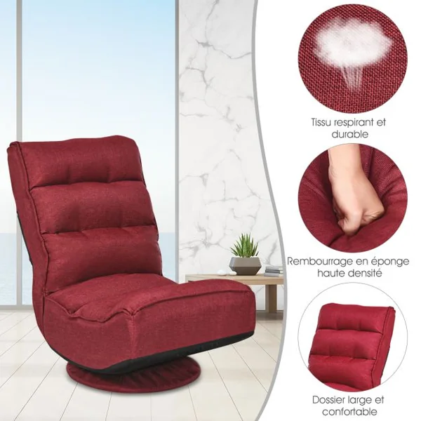 Chaise Relax Pliable et Réglable en 5 Positions Pivotant 360 Degrés Rembourrée Confortable 6 Couleurs au Choix