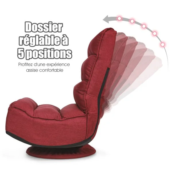 Chaise Relax Pliable et Réglable en 5 Positions Pivotant 360 Degrés Rembourrée Confortable 6 Couleurs au Choix