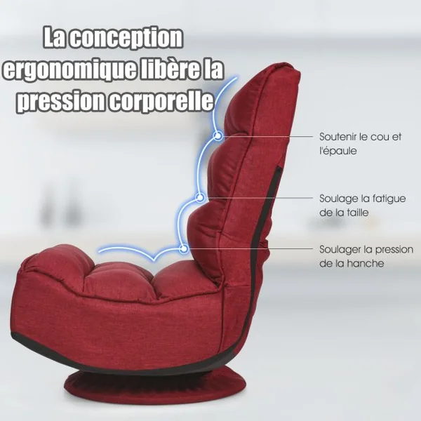 Chaise Relax Pliable et Réglable en 5 Positions Pivotant 360 Degrés Rembourrée Confortable 6 Couleurs au Choix