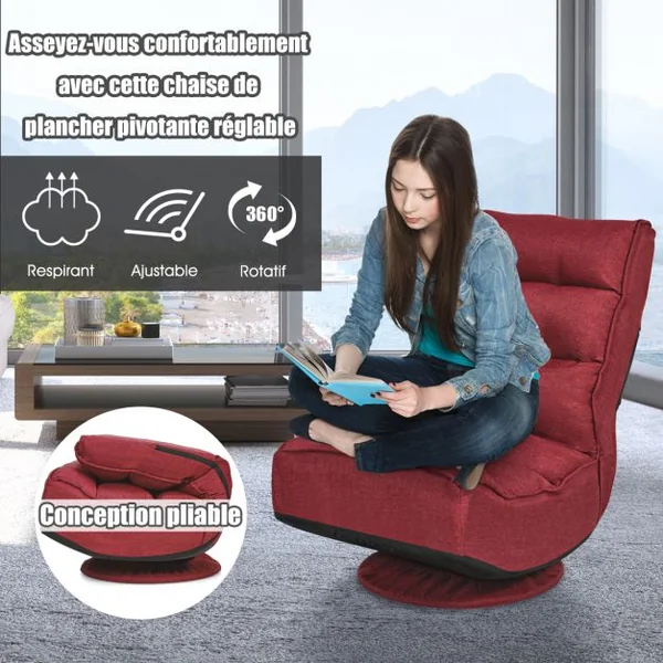 Chaise Relax Pliable et Réglable en 5 Positions Pivotant 360 Degrés Rembourrée Confortable 6 Couleurs au Choix
