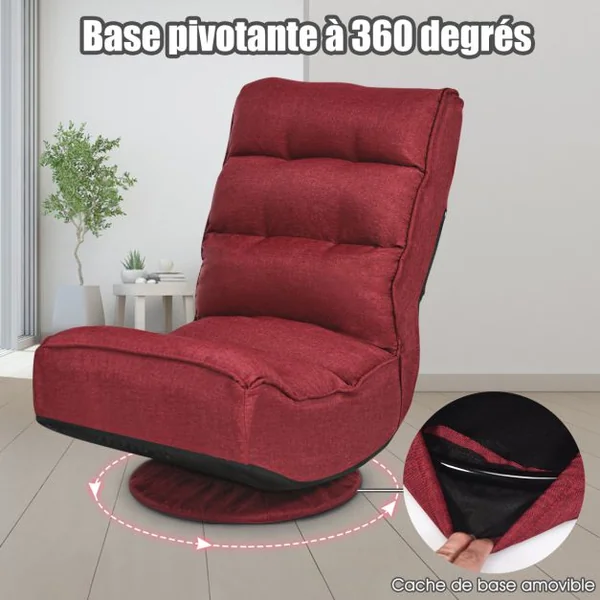 Chaise Relax Pliable et Réglable en 5 Positions Pivotant 360 Degrés Rembourrée Confortable 6 Couleurs au Choix