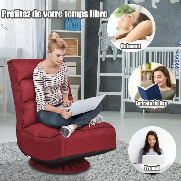 Chaise Relax Pliable et Réglable en 5 Positions Pivotant 360 Degrés Rembourrée Confortable 6 Couleurs au Choix