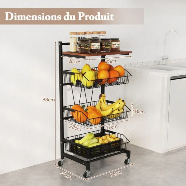 Chariot de Rangement de Cuisine sur Roues Chariot de Stockage pour Fruits et Légumes avec Paniers Réglables en Hauteur et Amovibles