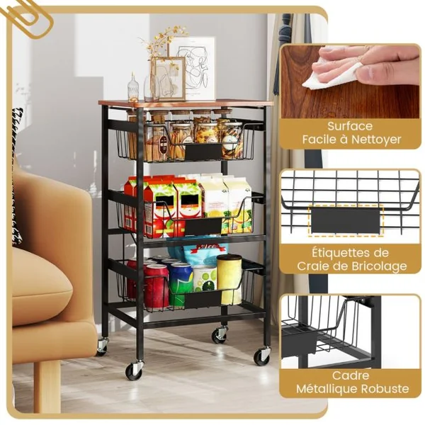 Chariot de Rangement de Cuisine à 4 Étagères Chariot Utilitaire Mobile avec Dessus en Bois Paniers Coulissants
