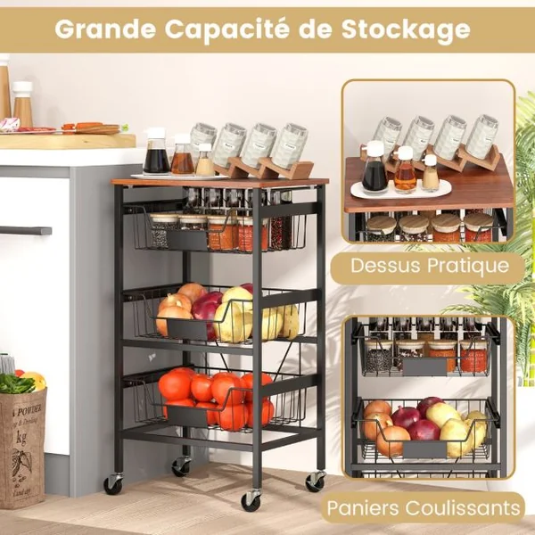 Chariot de Rangement de Cuisine à 4 Étagères Chariot Utilitaire Mobile avec Dessus en Bois Paniers Coulissants