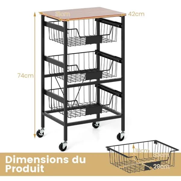 Chariot de Rangement de Cuisine à 4 Étagères Chariot Utilitaire Mobile avec Dessus en Bois Paniers Coulissants