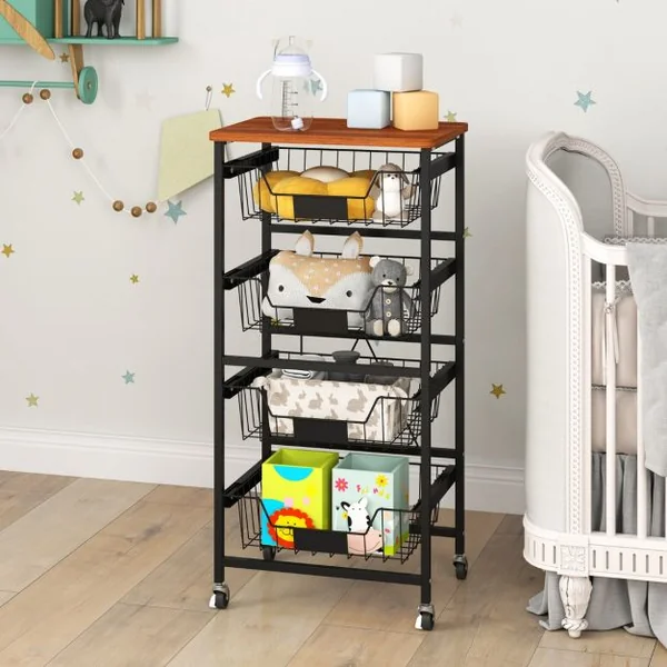 Chariot de Rangement de Cuisine à 5 Étagères Chariot Utilitaire Mobile avec Dessus en Bois Paniers Coulissants