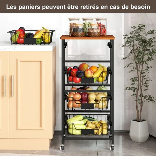 Chariot de Rangement de Cuisine à 5 Étagères Chariot Utilitaire Mobile avec Dessus en Bois Paniers Coulissants