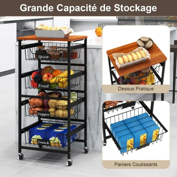 Chariot de Rangement de Cuisine à 5 Étagères Chariot Utilitaire Mobile avec Dessus en Bois Paniers Coulissants