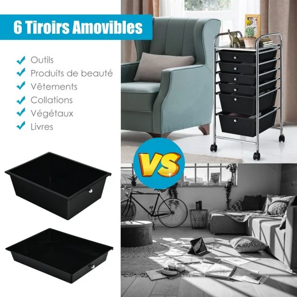 Chariot de Rangement Roulant 6 Tiroirs Amovibles Desserte pour Bureau Classeur à Roulettes 32,5x37x74,5cm 4 Couleurs au Choix