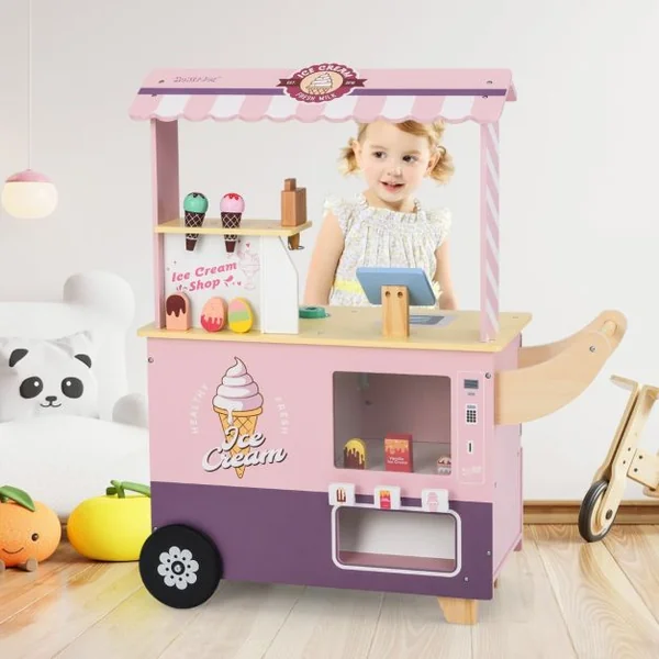 Chariot à Glaces pour Enfants Stand de Glaces pour Tout-petits Distributeur Automatique et Jouets Présentoir Ecran pour 3+ Ans Rose/Vert