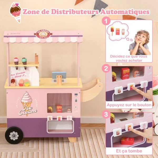 Chariot à Glaces pour Enfants Stand de Glaces pour Tout-petits Distributeur Automatique et Jouets Présentoir Ecran pour 3+ Ans Rose/Vert