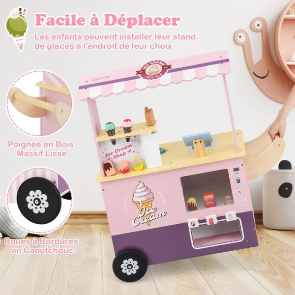 Chariot à Glaces pour Enfants Stand de Glaces pour Tout-petits Distributeur Automatique et Jouets Présentoir Ecran pour 3+ Ans Rose/Vert