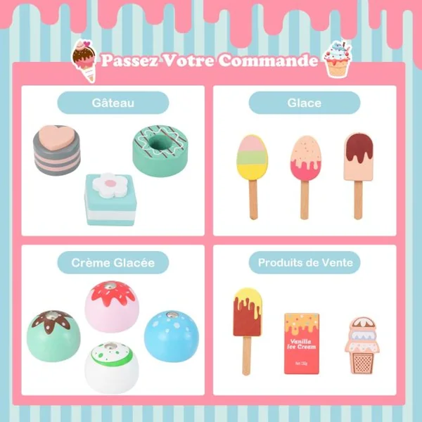 Chariot à Glaces pour Enfants Stand de Glaces pour Tout-petits Distributeur Automatique et Jouets Présentoir Ecran pour 3+ Ans Rose/Vert