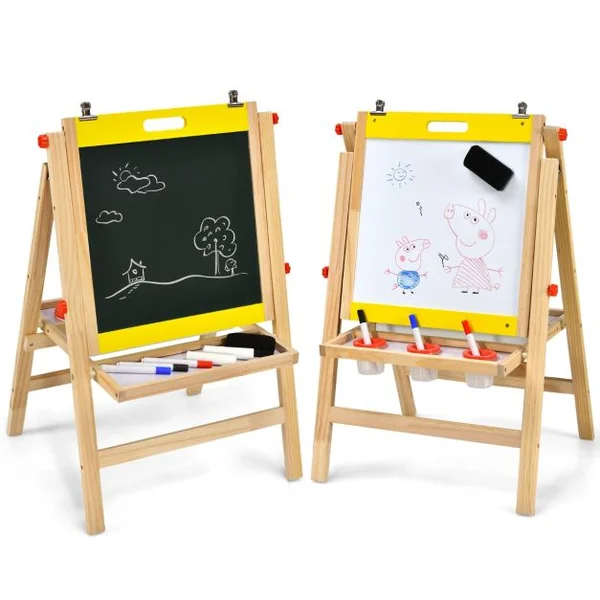 Chevalet d’Art 3-en-1 pour Enfants de 3+Ans avec Hauteur Réglable sur 5 Positions Plateau de Rangement et Tableau à 2 Faces Jaune/Gris
