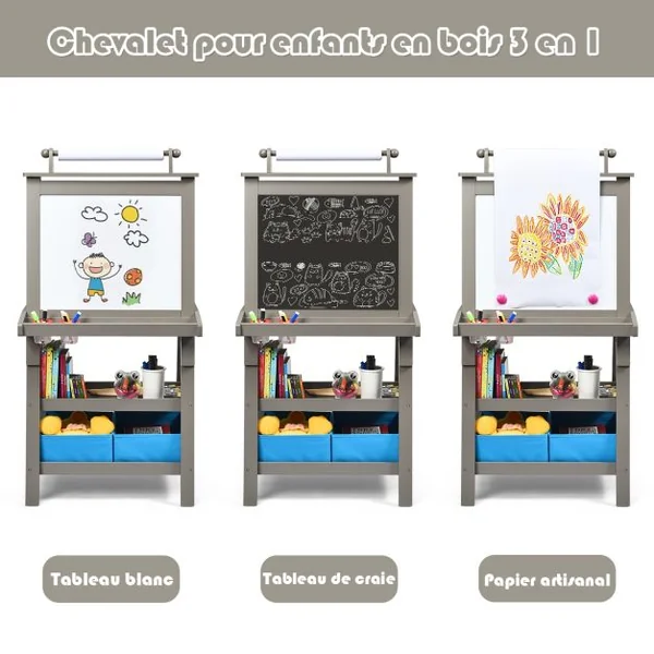 Chevalet pour Enfants 3 en 1 Tableau de Dessin Magnétique Double Faces (Tableau Blanc + Tableau Noir) 7 Couleurs au Choix