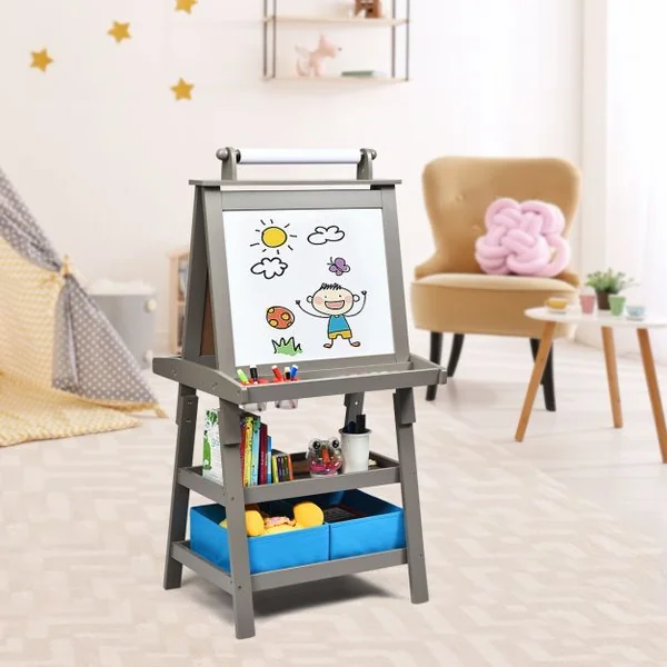 Chevalet pour Enfants 3 en 1 Tableau de Dessin Magnétique Double Faces (Tableau Blanc + Tableau Noir) 7 Couleurs au Choix