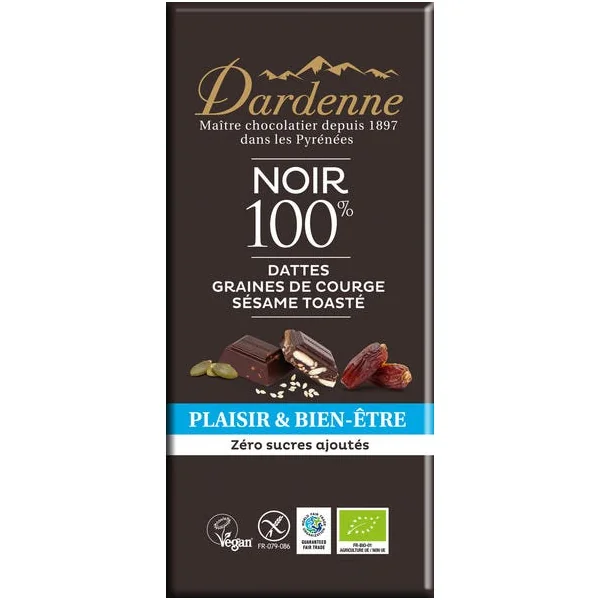 Chocolat noir 100% dattes graines de courge sésame toasté 90g