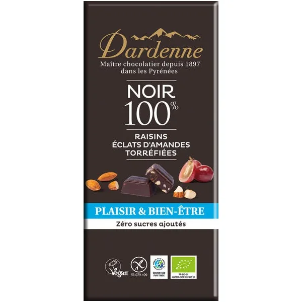 Chocolat noir 100% raisins éclats d'amandes torréfiées 90g