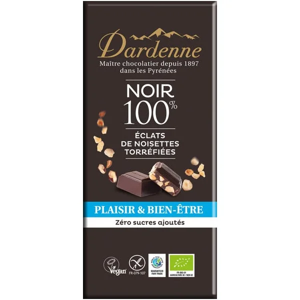 Chocolat noir 100% éclats de noisettes torréfiées 90g