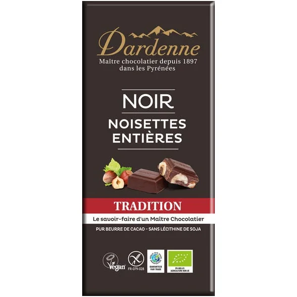 Chocolat noir aux noisettes entières 62% 120g