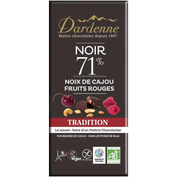 Chocolat noir cajou fr rouges 71% 100g