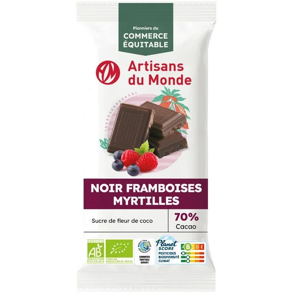 Chocolat noir framboise myrtille 70% 80g