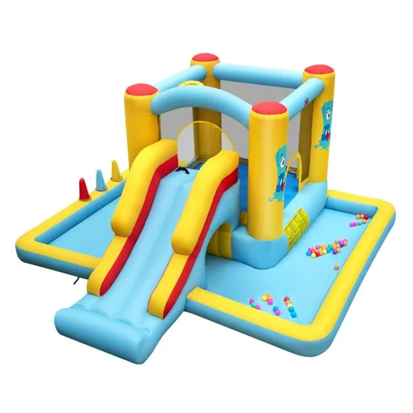 Château Gonflable Géant 7 en 1 pour Enfants avec Toboggan Tunnel Panier de Basket Jeu de Lancer d'Anneaux Souffleur Non Inclus