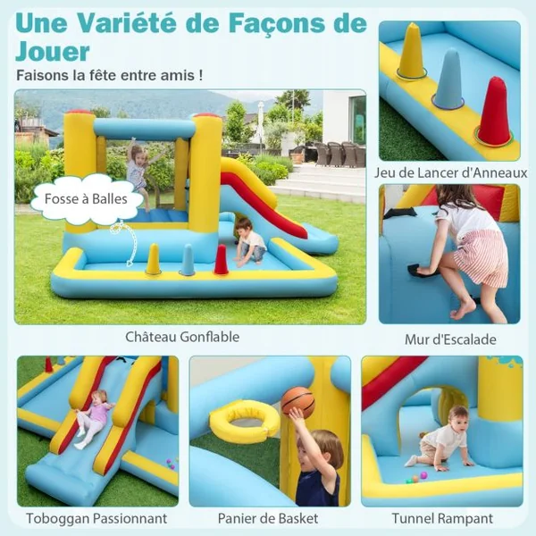 Château Gonflable Géant 7 en 1 pour Enfants avec Toboggan Tunnel Panier de Basket Jeu de Lancer d'Anneaux Souffleur Non Inclus