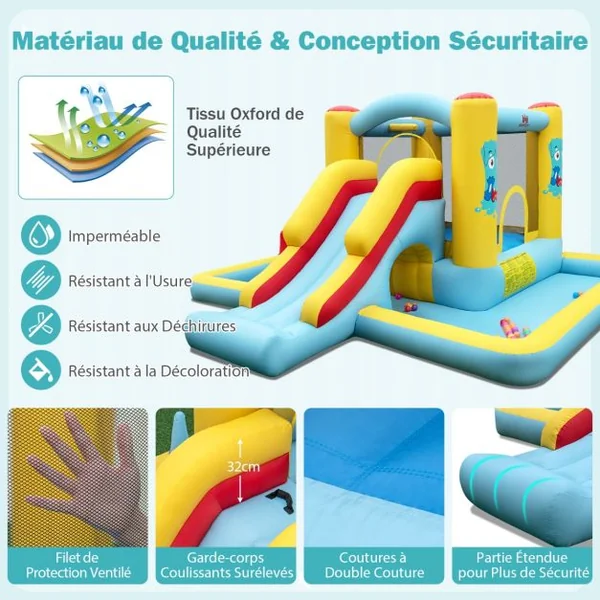 Château Gonflable Géant 7 en 1 pour Enfants avec Toboggan Tunnel Panier de Basket Jeu de Lancer d'Anneaux Souffleur Non Inclus