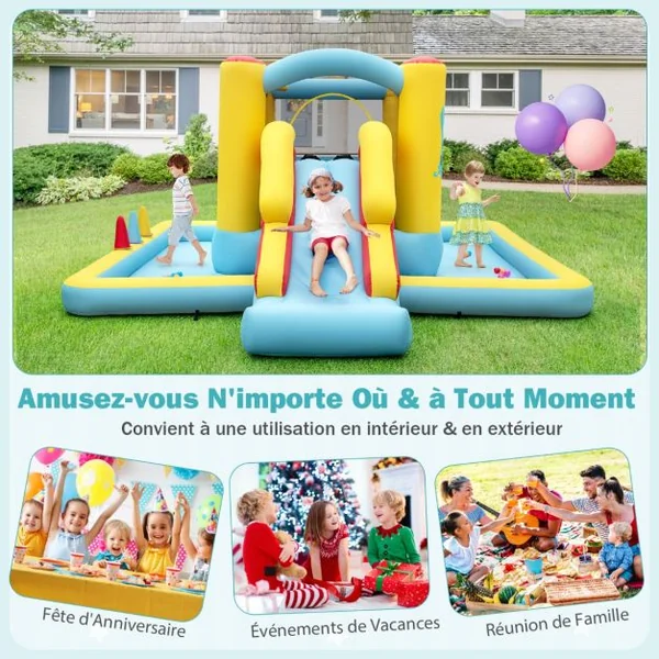 Château Gonflable Géant 7 en 1 pour Enfants avec Toboggan Tunnel Panier de Basket Jeu de Lancer d'Anneaux Souffleur Non Inclus