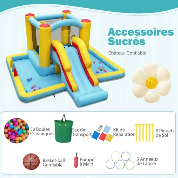 Château Gonflable Géant 7 en 1 pour Enfants avec Toboggan Tunnel Panier de Basket Jeu de Lancer d'Anneaux Souffleur Non Inclus