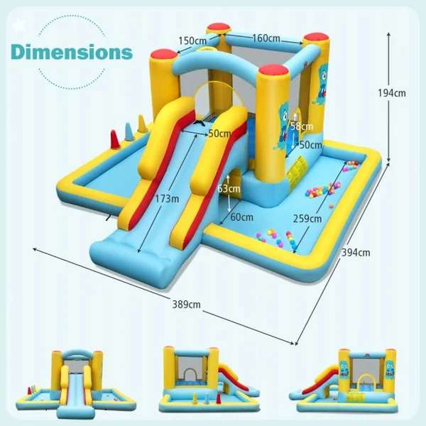 Château Gonflable Géant 7 en 1 pour Enfants avec Toboggan Tunnel Panier de Basket Jeu de Lancer d'Anneaux Souffleur Non Inclus