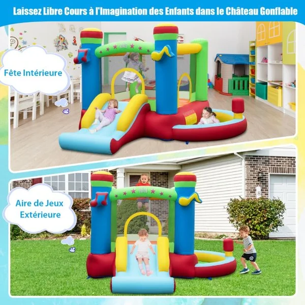 Château Gonflable Musical pour Enfants avec Toboggan Aire de Saut Panier de Basket Piscine à Balles et Boxe Bouncer Gonflable