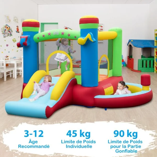Château Gonflable Musical pour Enfants avec Toboggan Aire de Saut Panier de Basket Piscine à Balles et Boxe Bouncer Gonflable