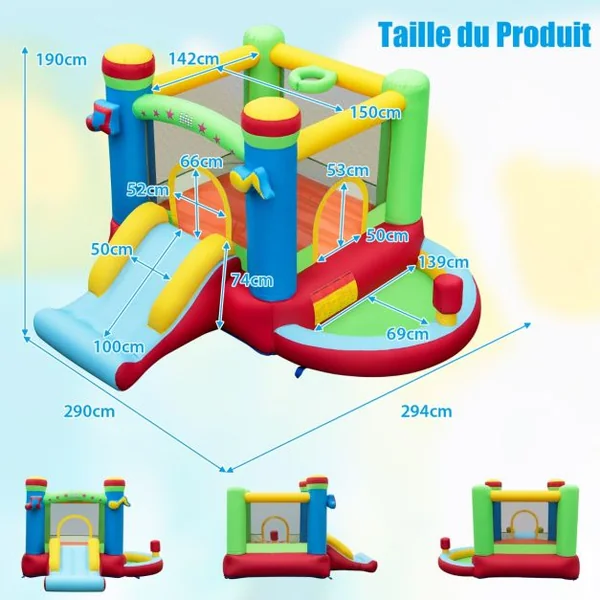 Château Gonflable Musical pour Enfants avec Toboggan Aire de Saut Panier de Basket Piscine à Balles et Boxe Bouncer Gonflable