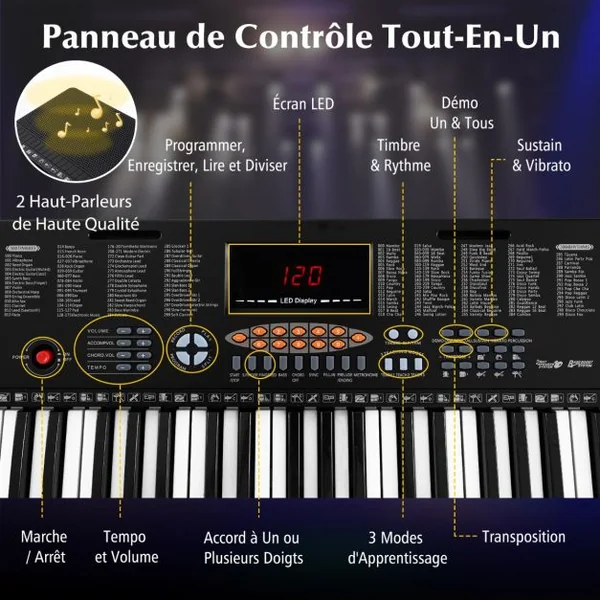 Clavier Electronique 61 Touches Piano Numérique Portable 300 Rythmes 300 Timbres 50 Démos 3 Modes d’Enseignement Ecran LED