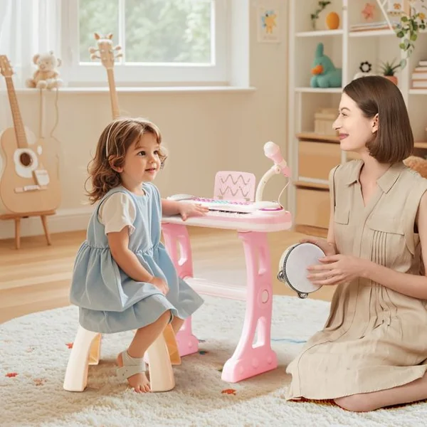 Clavier Electronique Piano Pour Enfants 37 Touches-4 Effets de Percussion-8 Instruments Microphone Lumière 18 Mois + Bleu/Rose