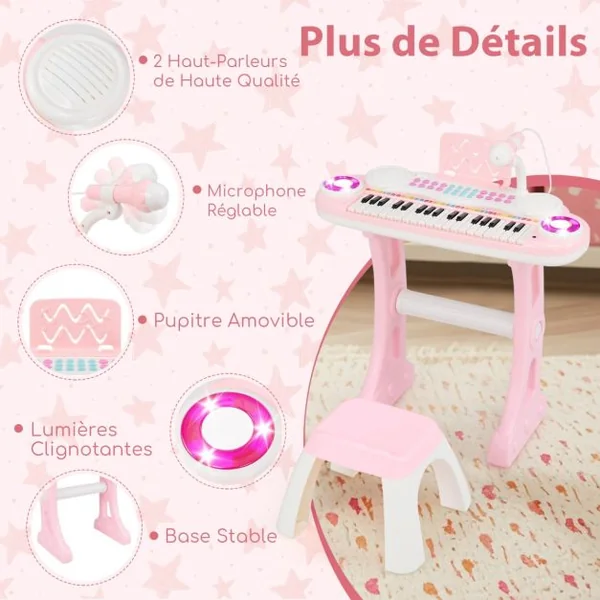 Clavier Electronique Piano Pour Enfants 37 Touches-4 Effets de Percussion-8 Instruments Microphone Lumière 18 Mois + Bleu/Rose