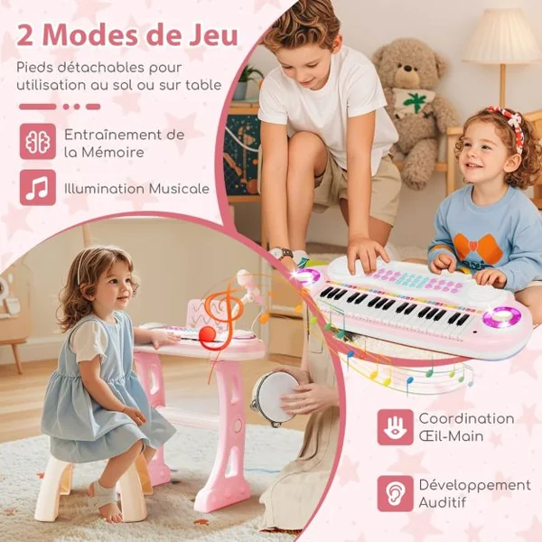 Clavier Electronique Piano Pour Enfants 37 Touches-4 Effets de Percussion-8 Instruments Microphone Lumière 18 Mois + Bleu/Rose