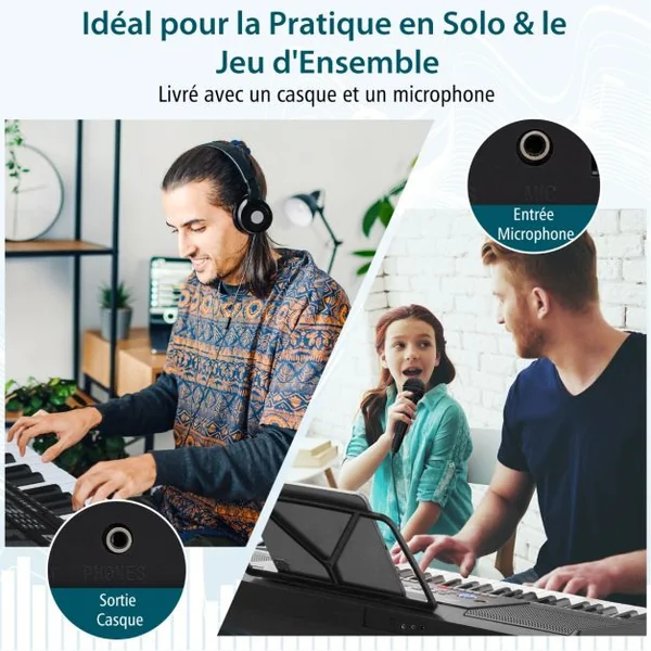 Clavier Electronique à 61 Touches Support et Tabouret 300 Timbres 300 Rythmes 50 Démonstrations Mode d'Enseignement Microphone